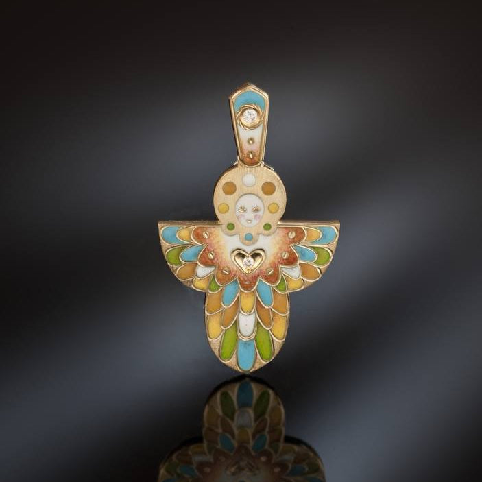 Decorative pendant with colorful gemstones on a dark background