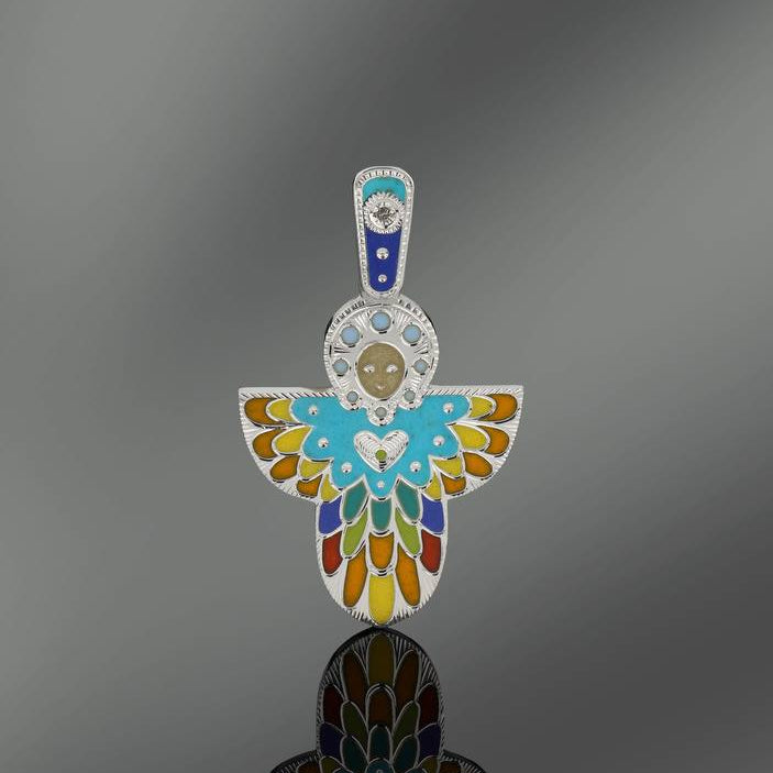 Baby angel pendant. with colorful blade and silver hilt on a gray background
