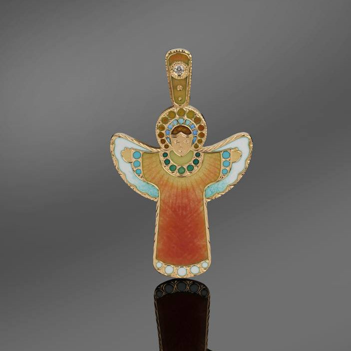 Silver babby angel pendant on a dark stand against a gray background