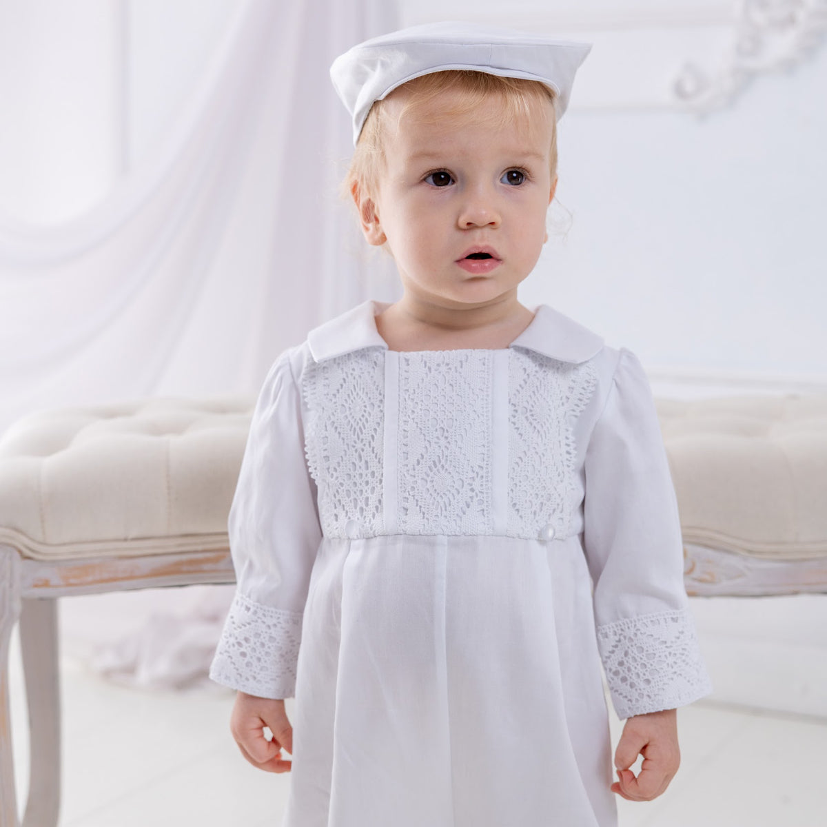 Boys white baptism romper