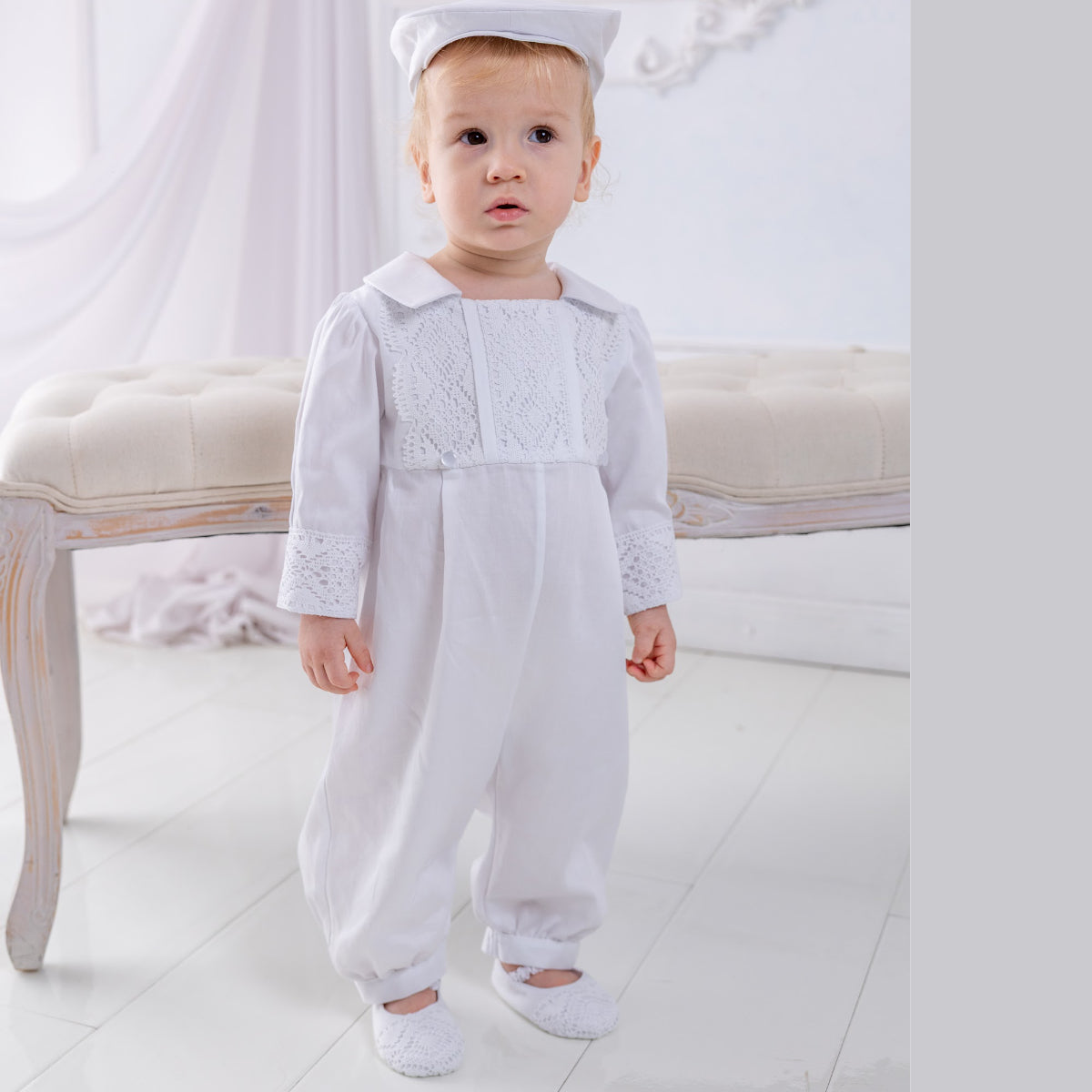 Boys white baptism romper