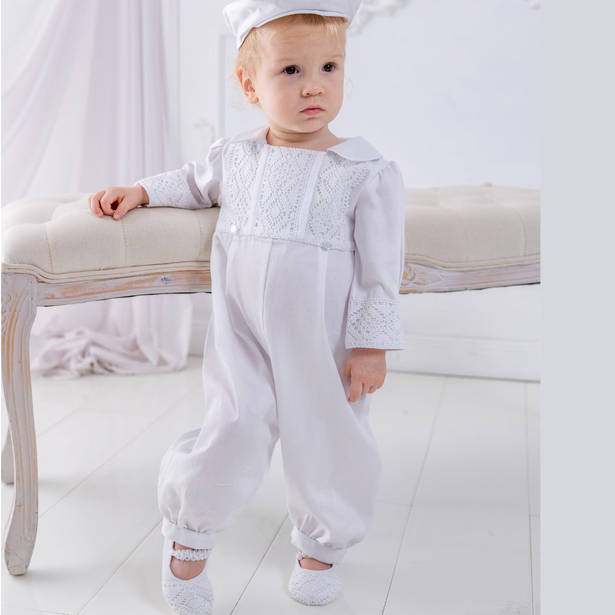 Boys white baptism romper