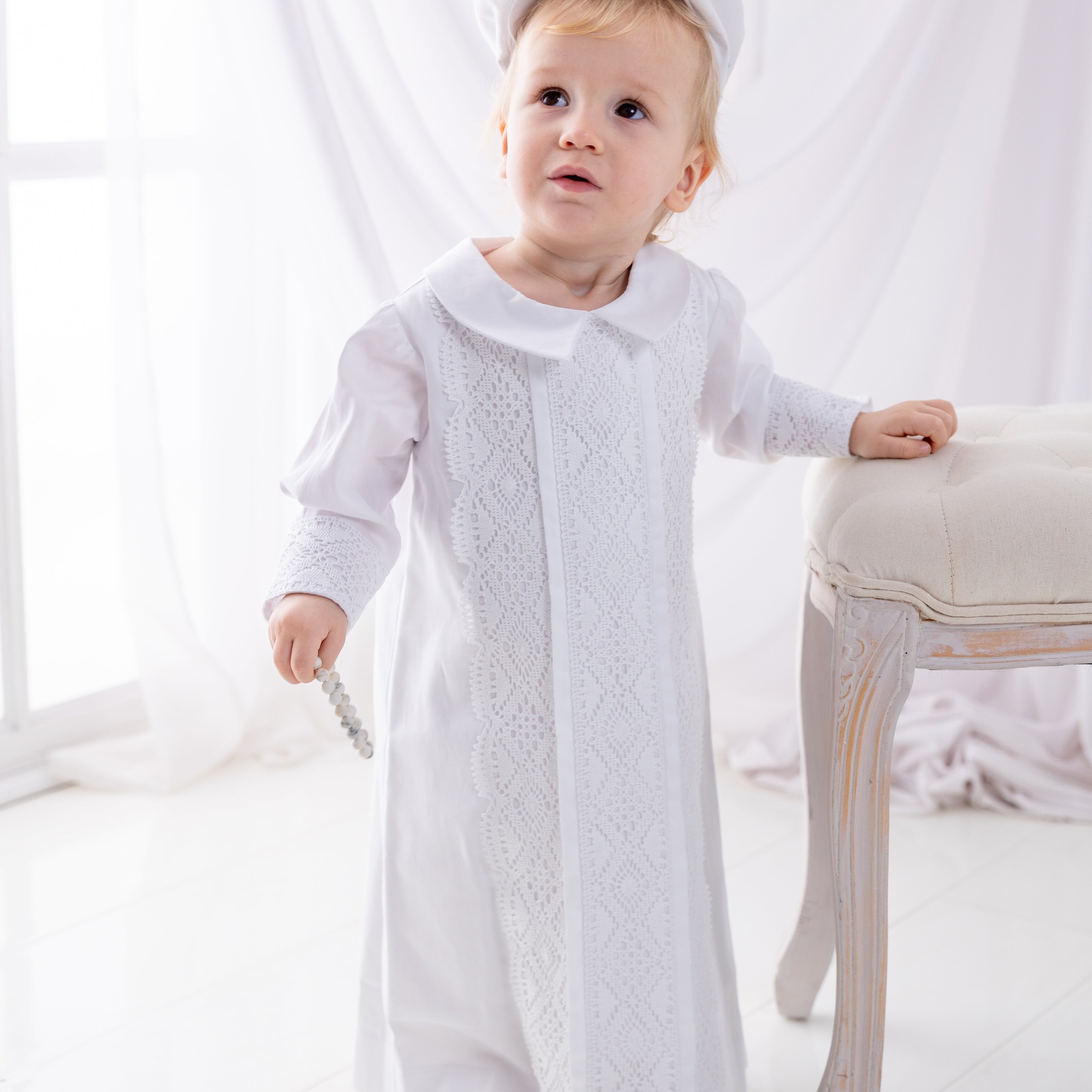 MARCEL Classic Baptism Gown for Boy – White Lace Trim
