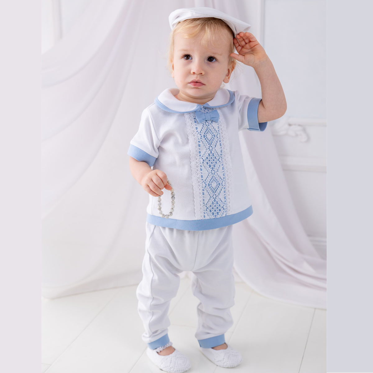Baby Boy Christening Suit with cap and booties