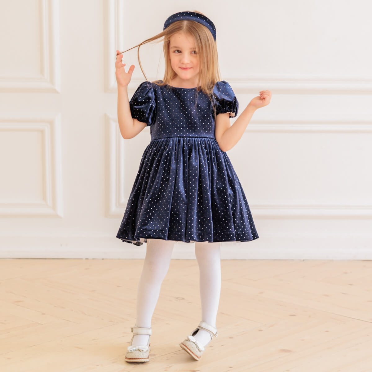 velvet holiday party dress for Girl with Crystals – VALERI Dress 12 / Dark Blue farmhouse Elegant Accents GREEN HANDMADE PUFF SLEEVE Size:M (15-15 1/2) 32/33