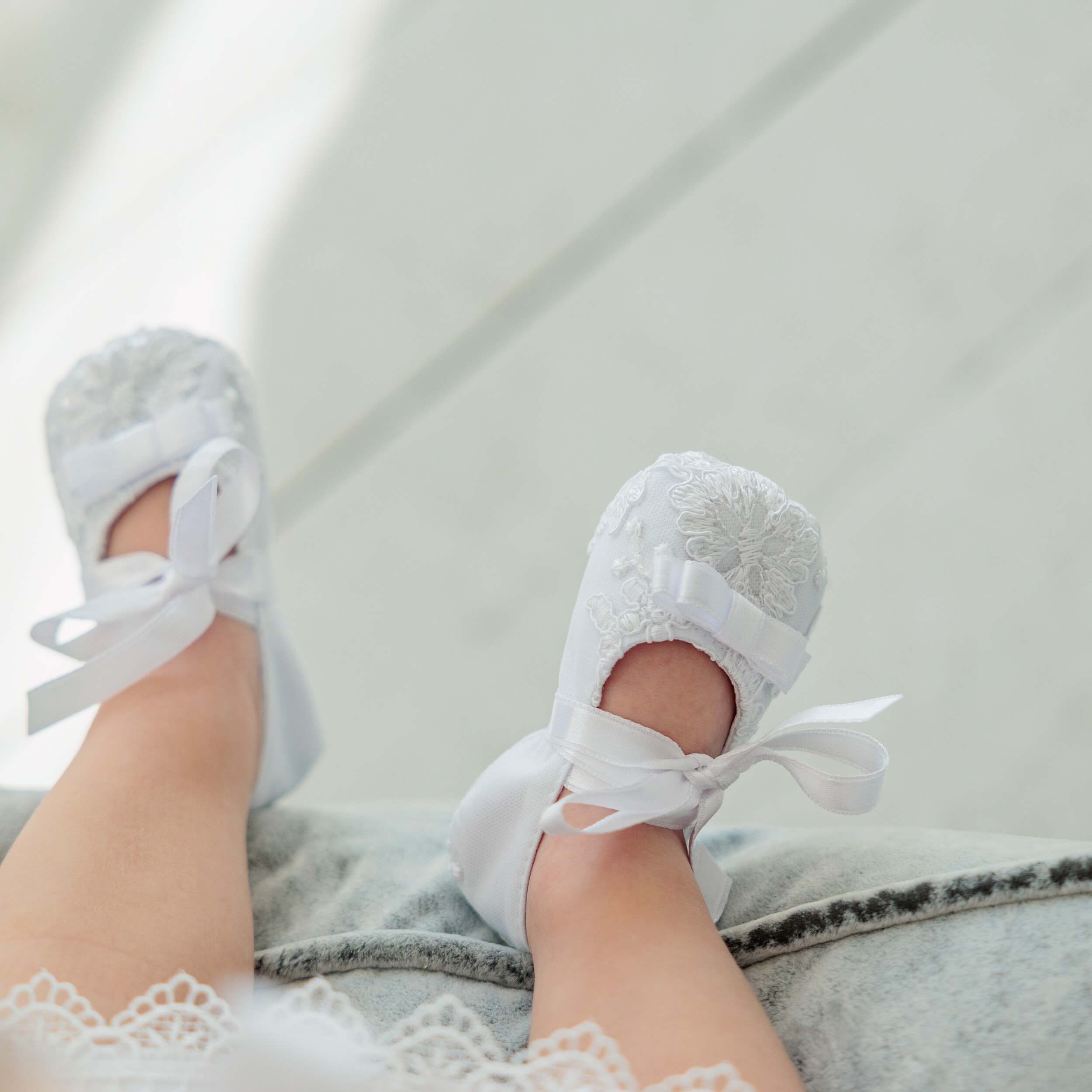 AURORA Baptism Booties – Lace with Silk Ties