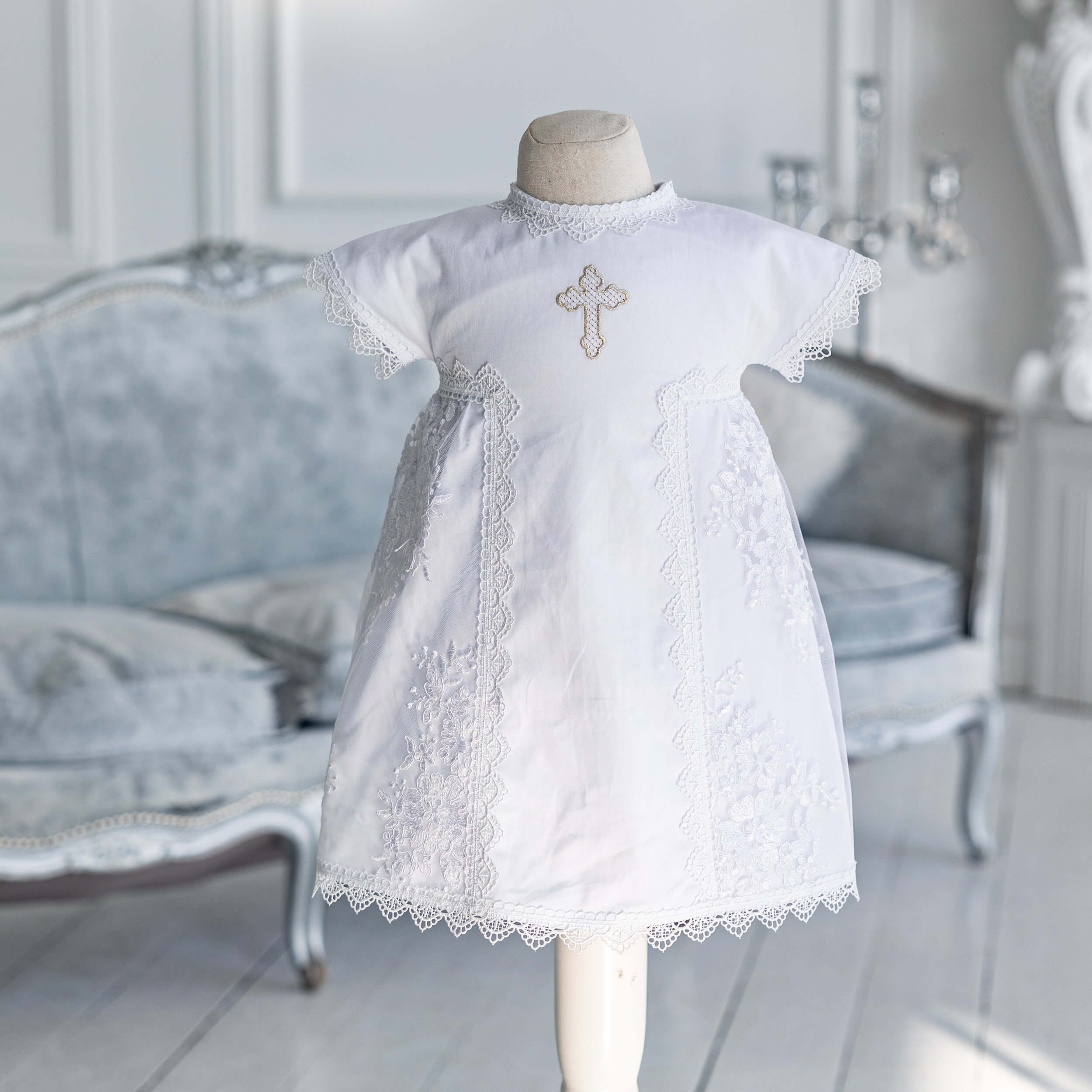 AURORA Baptism Cotton Gown with Cross Embroidery