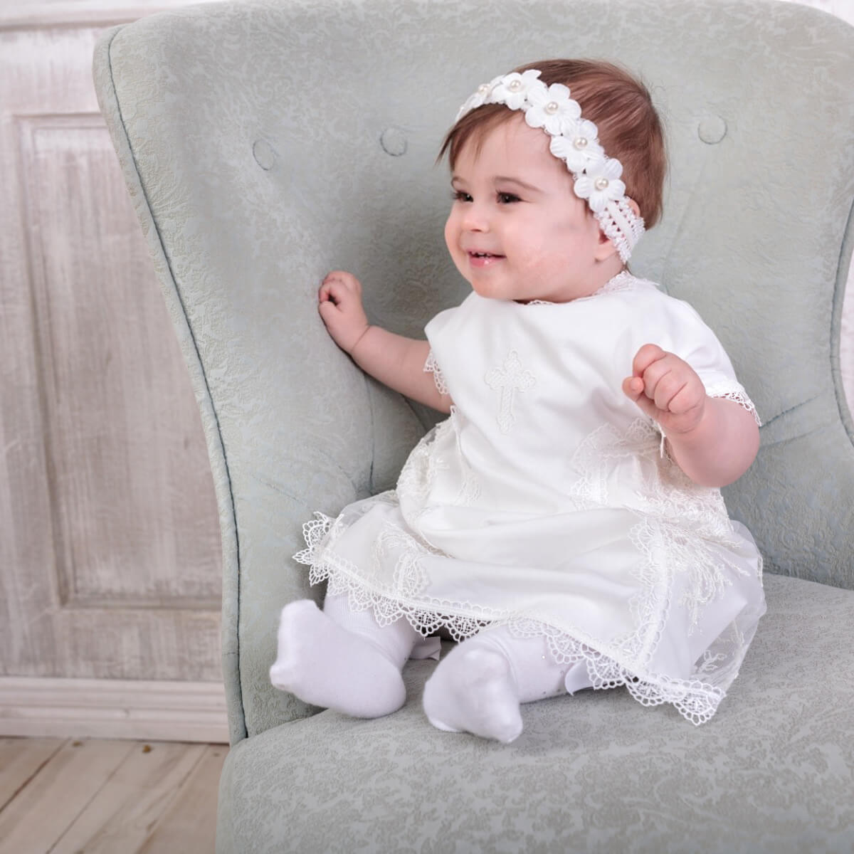 AURORA Baptism Cotton Gown with Cross Embroidery