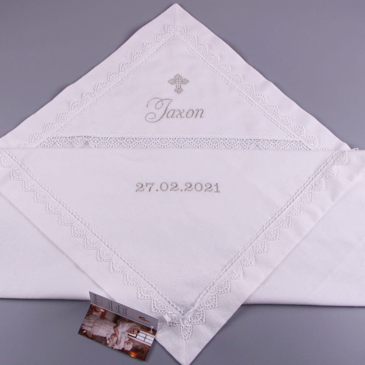 White embroidered baptism blanket