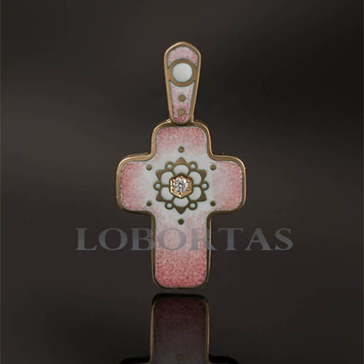 Handmade baby baptism cross pendant with pink enamel and gold accents