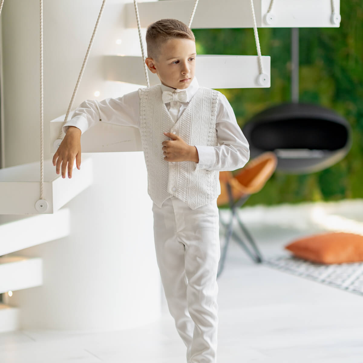 Boys White & Ivory Trousers, Satin Pants