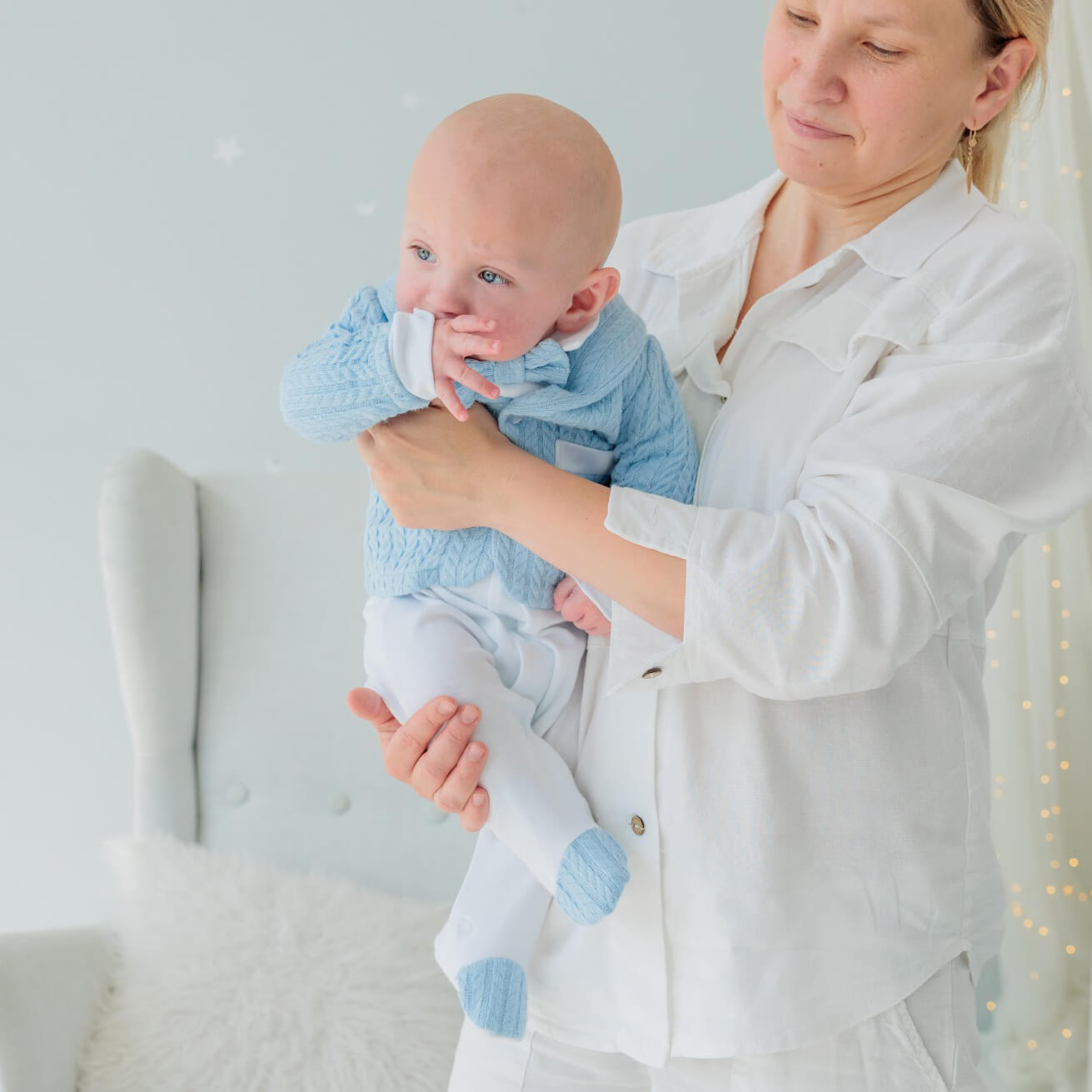 Baby Boy Baptism Oufit - Blue Knitted 4-pieces