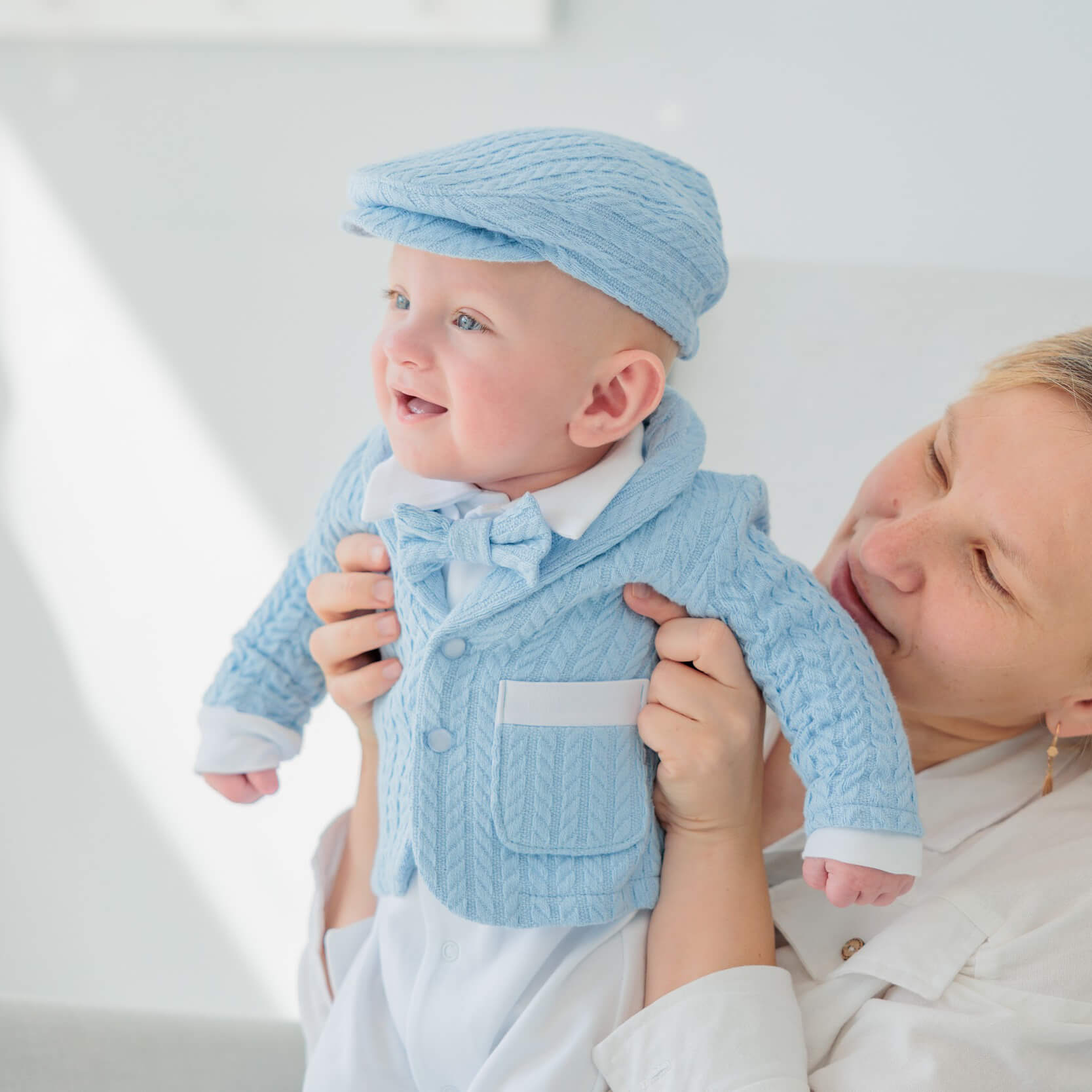 Baby Boy Baptism Oufit - Blue Knitted 4-pieces
