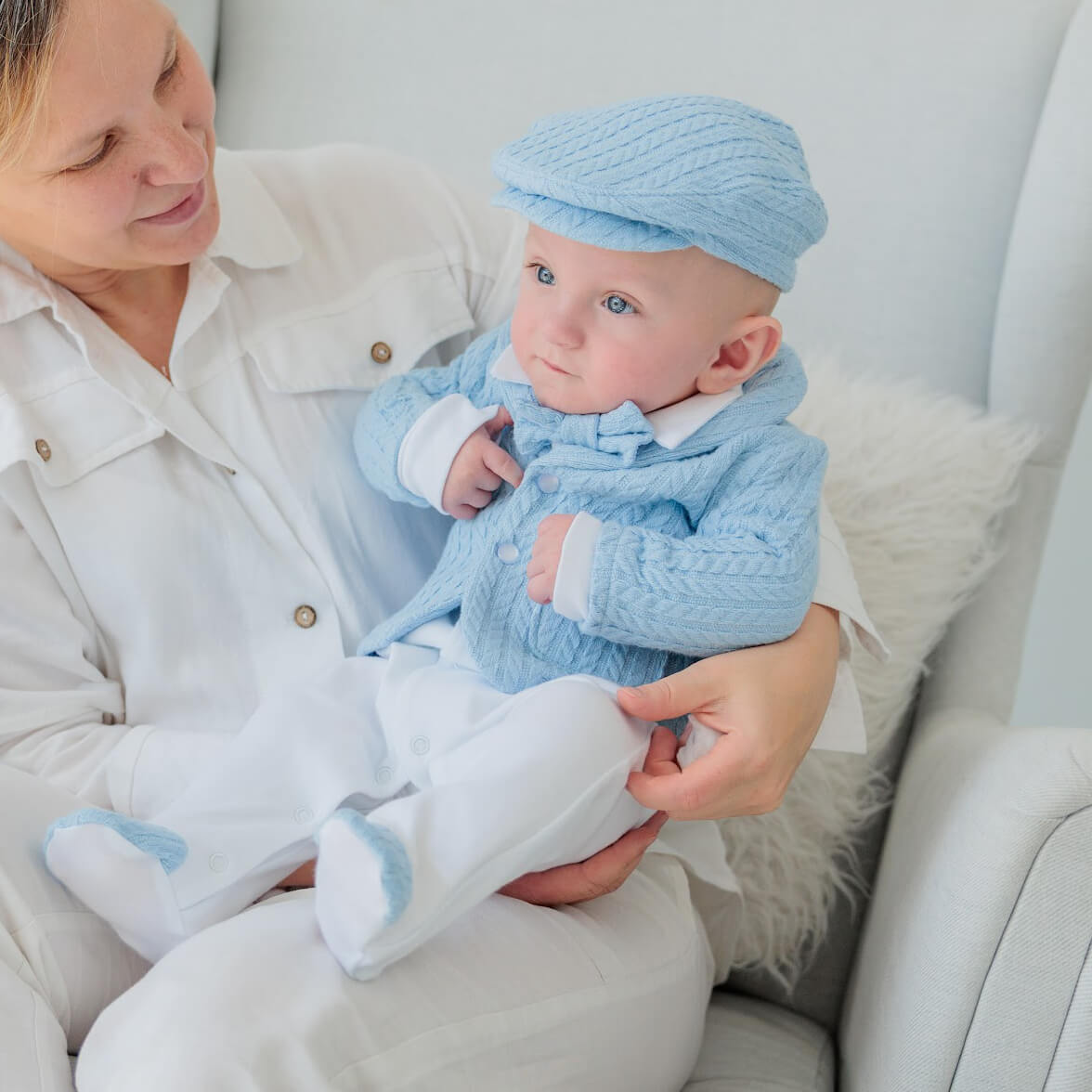 Baby Boy Baptism Oufit - Blue Knitted 4-pieces