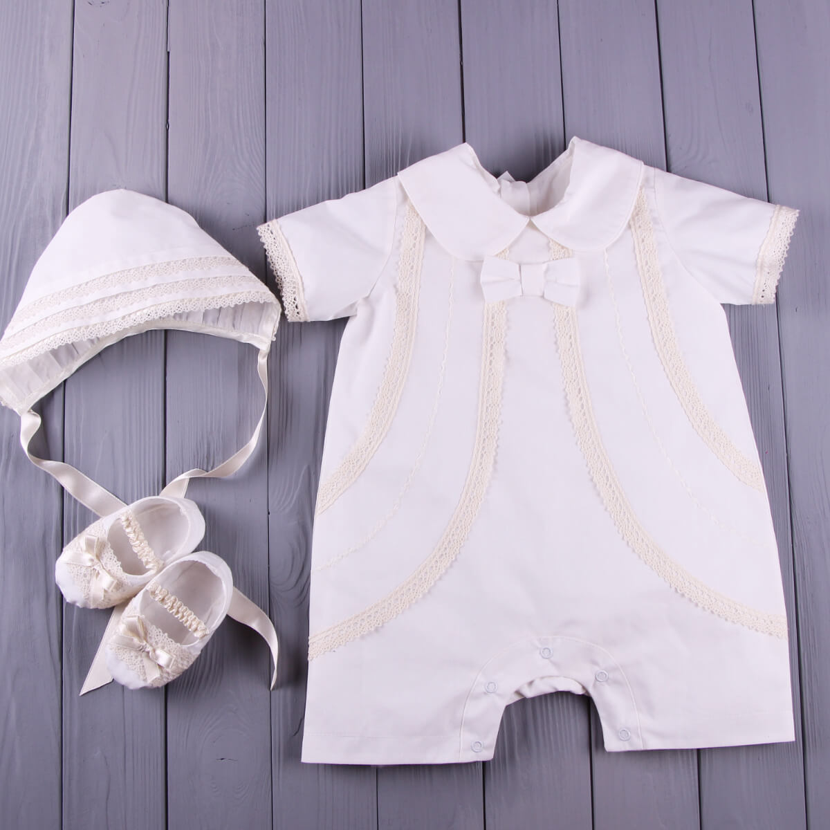 Baby Boy Christening Romper Set with Cap & Booties - DANIEL
