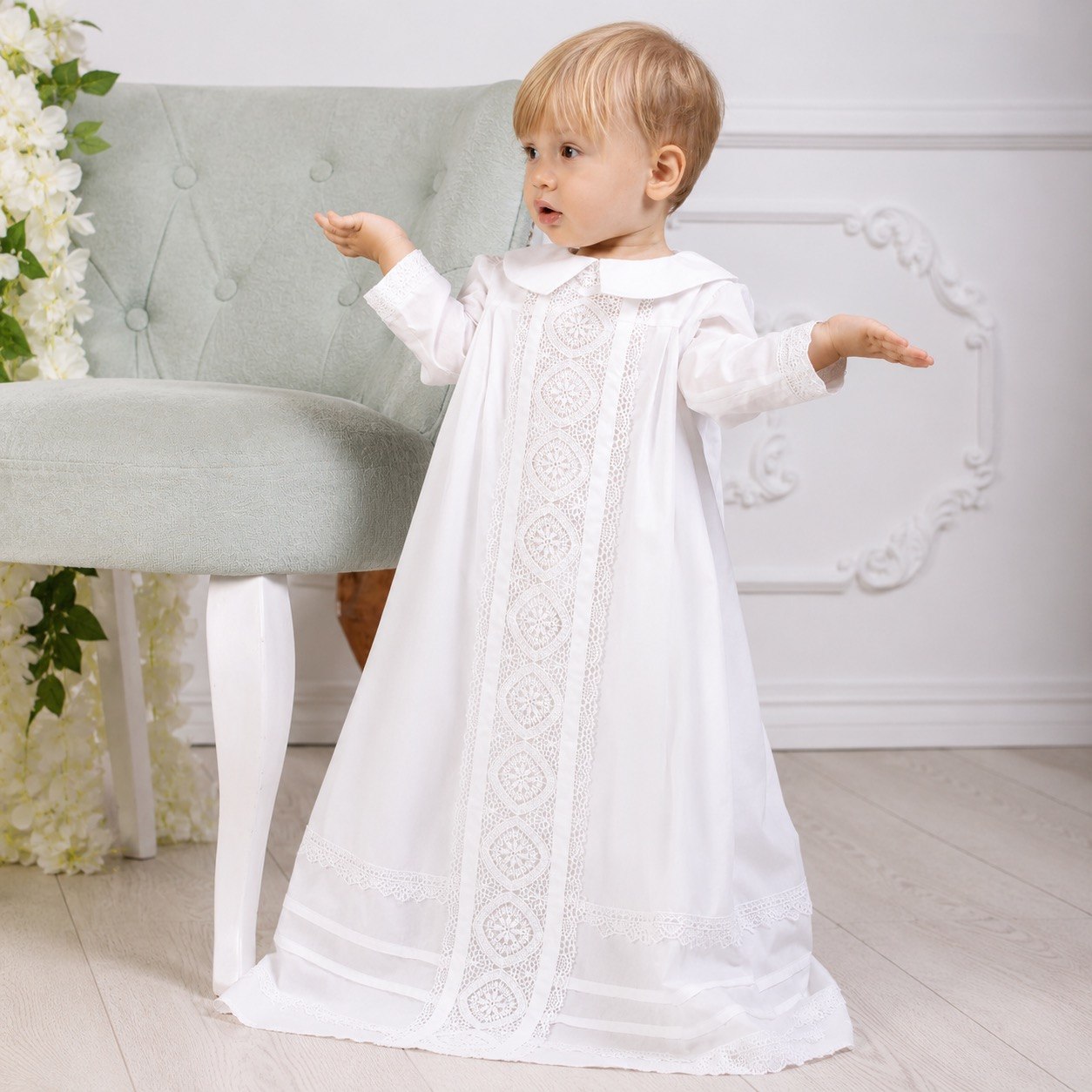 Heirloom Christening Long Gown for Boys – Vintage Lace Elegance 3-6 months / Ivory / Long