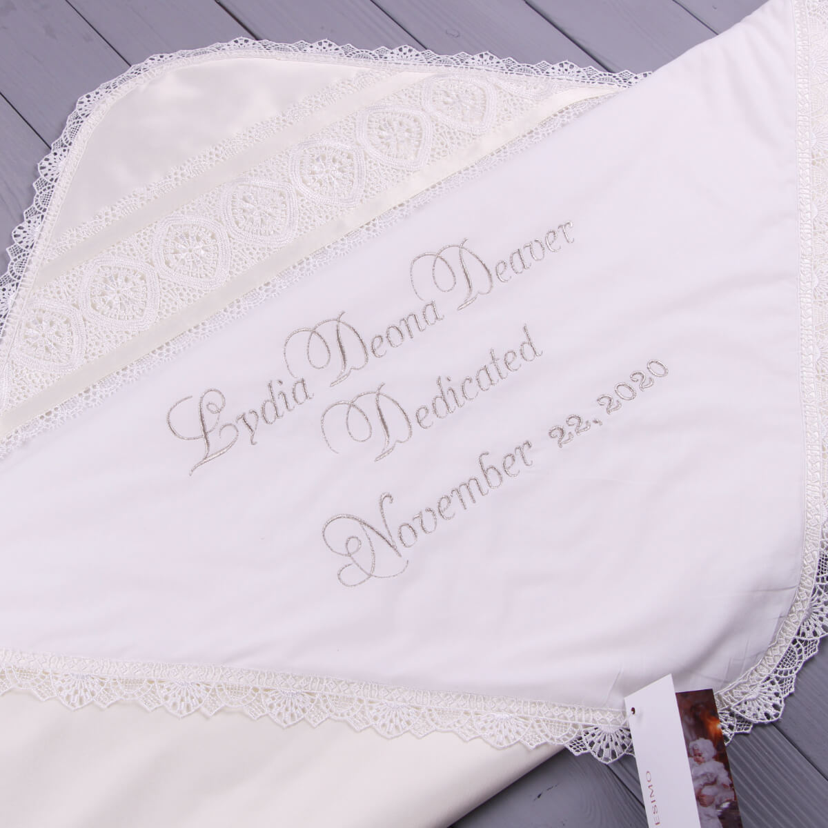 White embroidered christening. blanket with personalized prayer