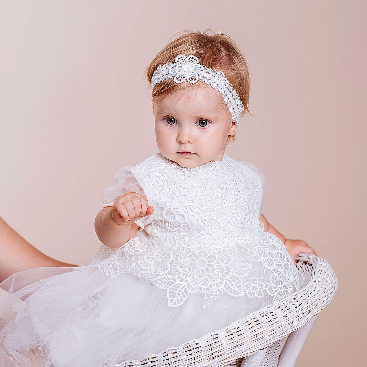 Baby in a and headband sand Christening Lace Dress