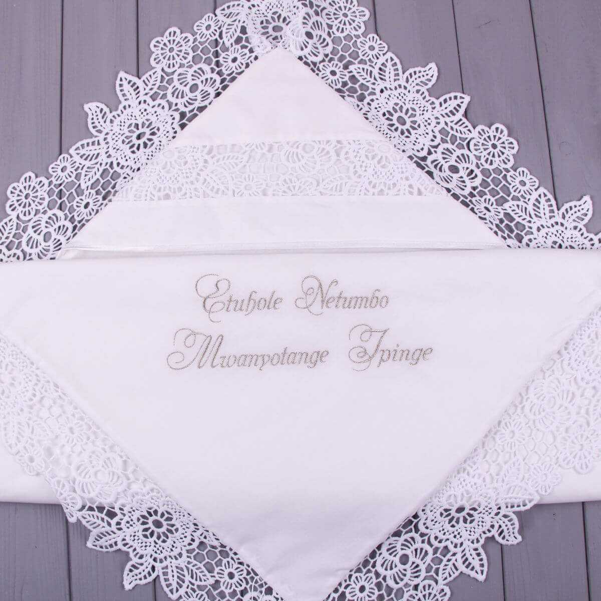 White lace-trimmed christening blankket with embroidered name on a wooden surface
