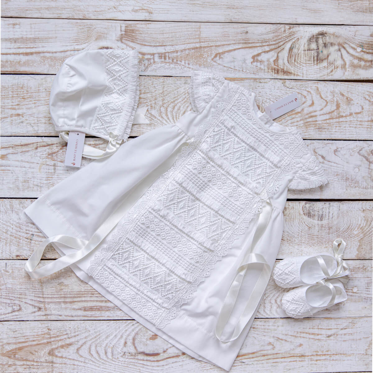 cotton baptism dress NAOMI Traditional Baptism Dress Set for Girl with Hat & Booties – Cotton Satin Christening Outfit 3-6 months / Ivory
