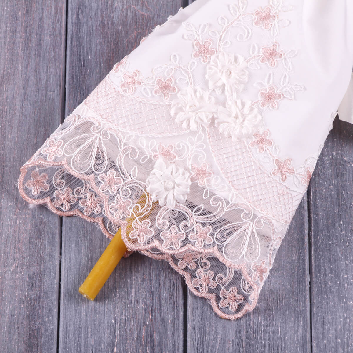 Lace Fabric Candle Wraps with floral patterns on a wooden surface