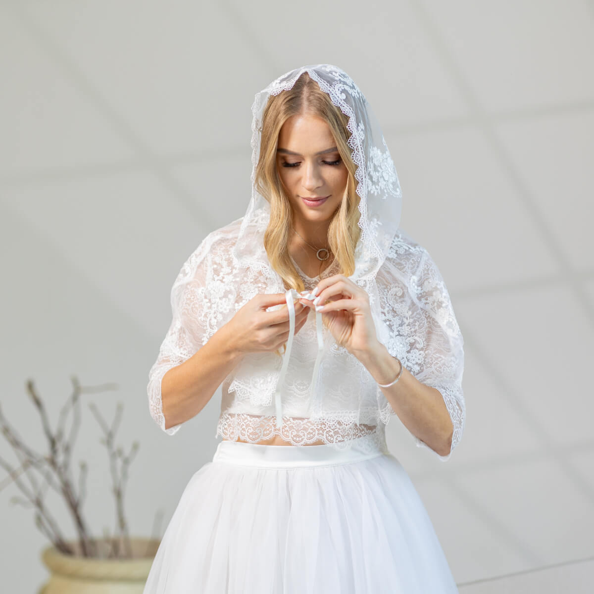Lace Caped Veil – French Venice Lace Hooded Mantilla - LIZA