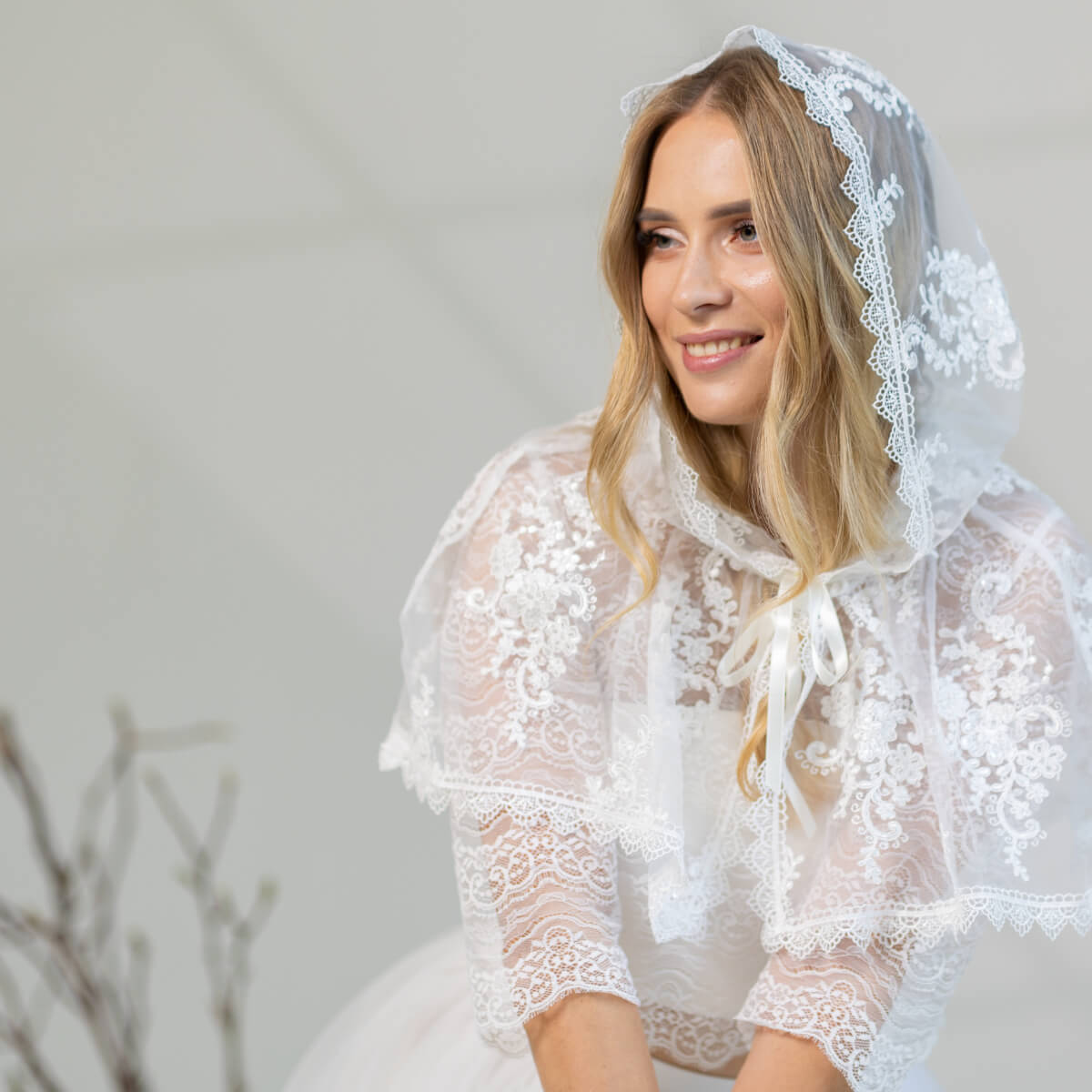 Lace Caped Veil – French Venice Lace Hooded Mantilla - LIZA