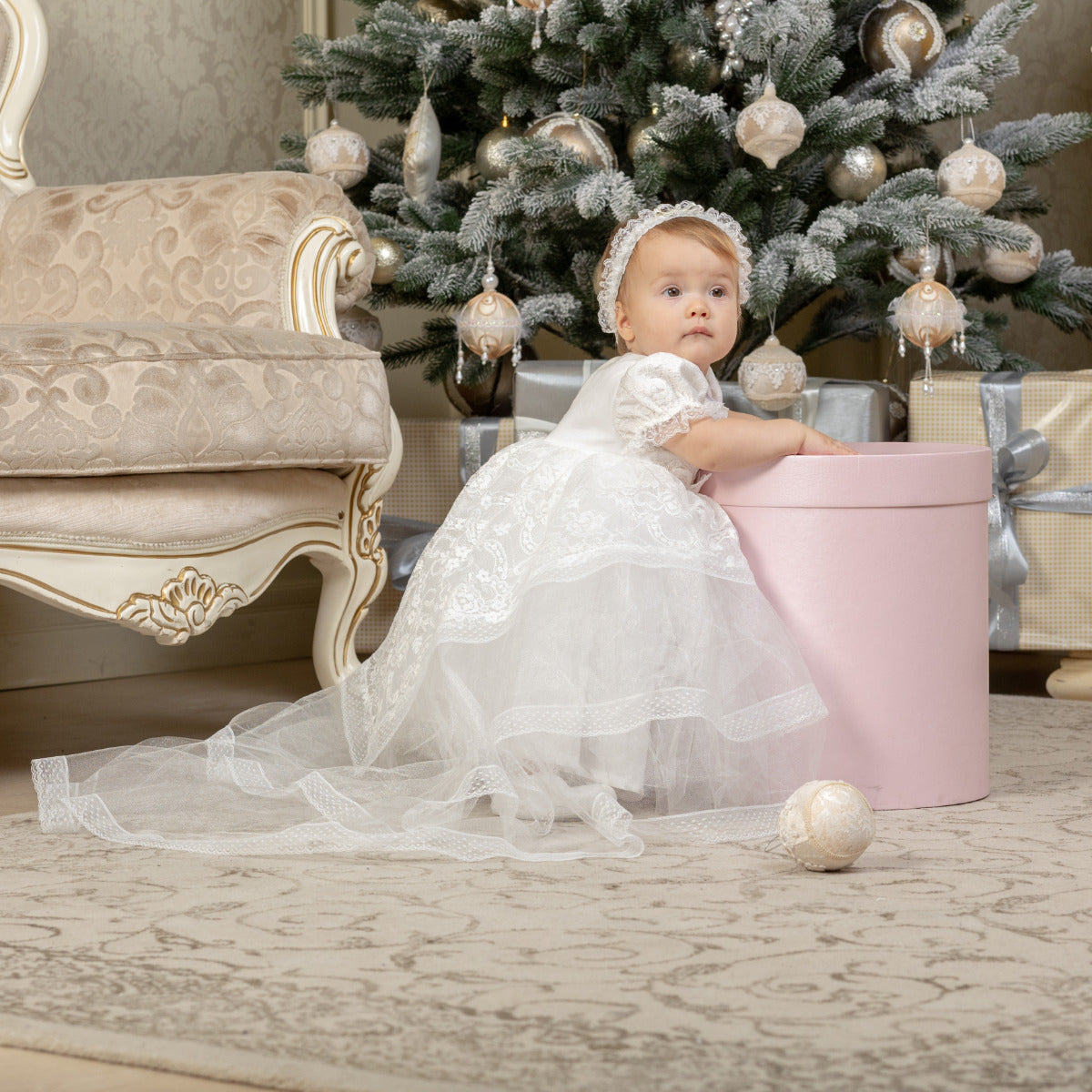 LILIANA Baptism Gown with Train - Heirloom Christening Dress