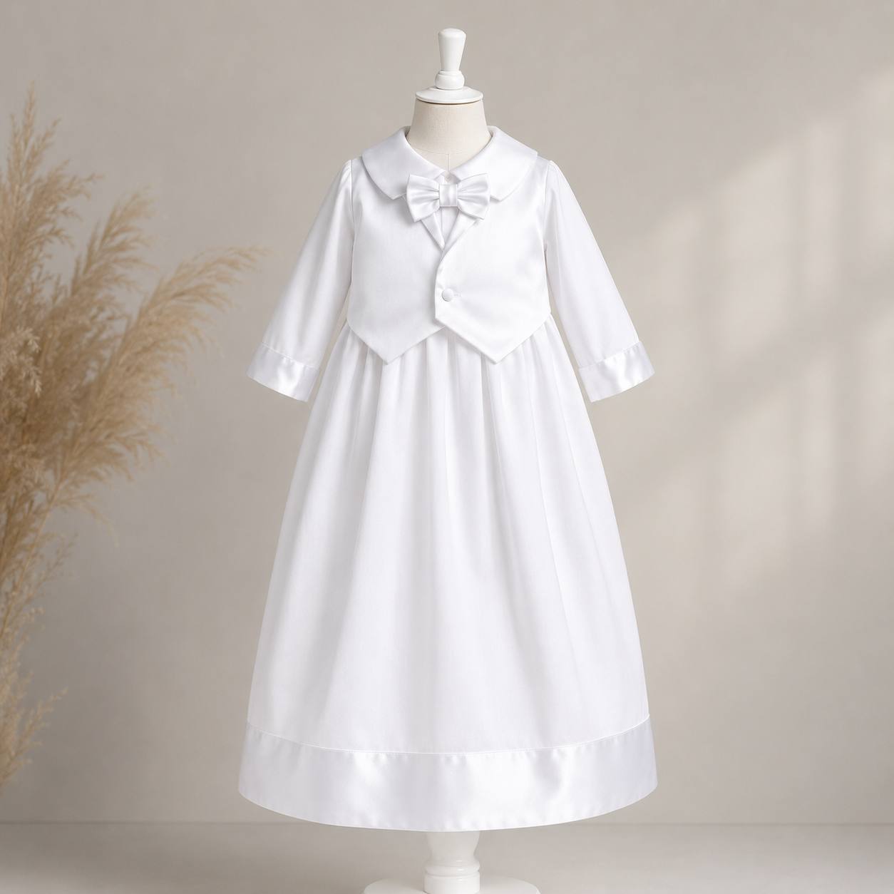 White christening convertible boy gown with a bow on a mannequin against a neutral background