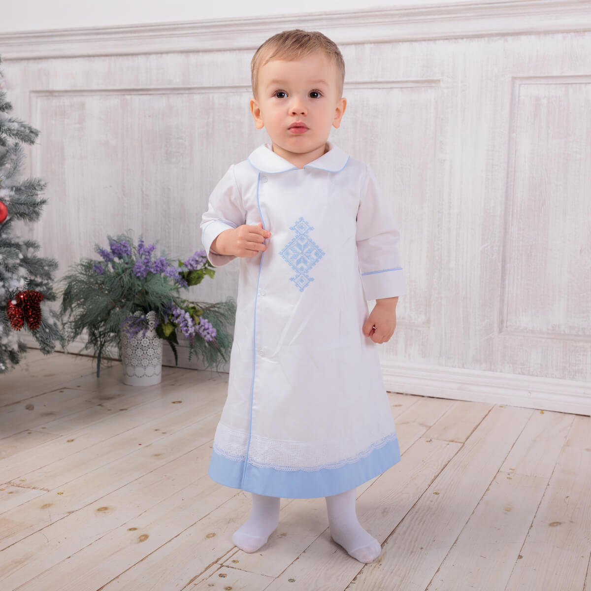 White Baptism Gown for Boy with Blue Embroidery