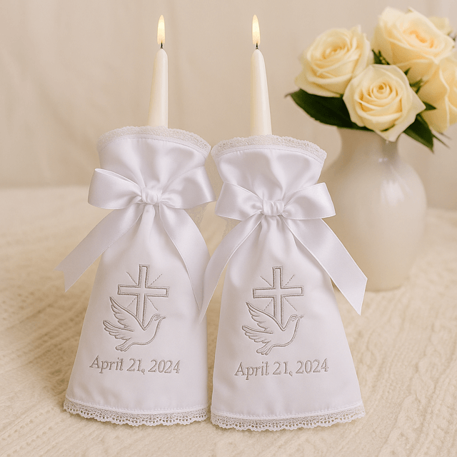 Two white wedding candles with Christening Candle Wraps and ribbons, accompanied by a vase of white roses on a beige surface.