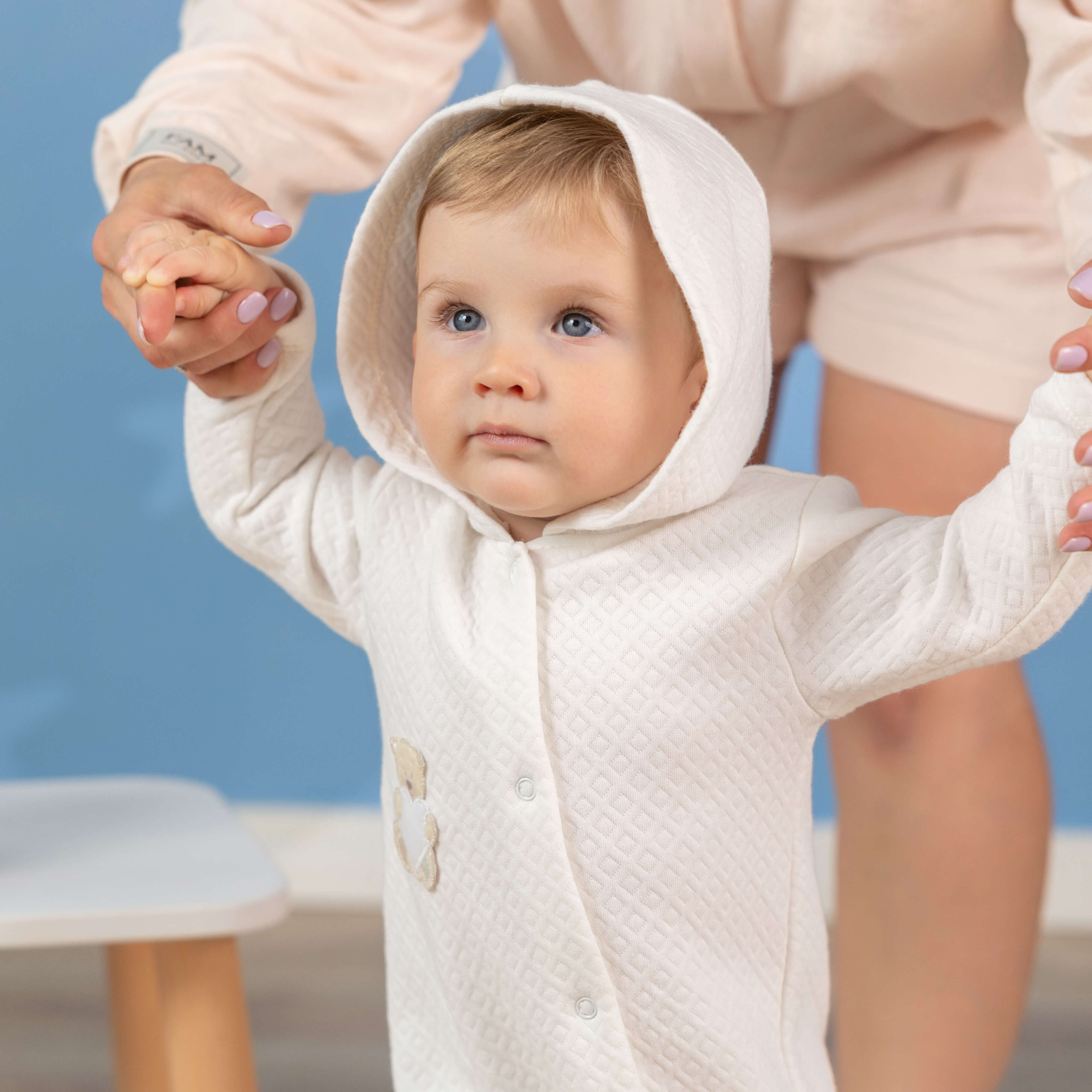 Newborn Hooded Romper – Ivory Quilted Cotton Hooded Suit - OLIVER