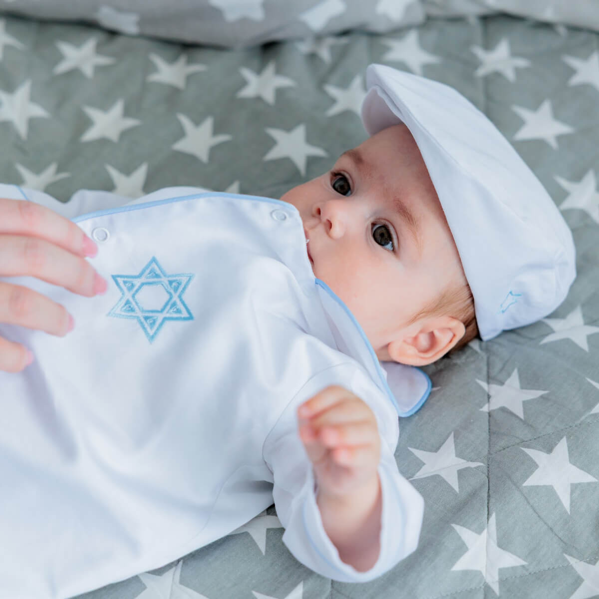 Baby Newsboy Cap with David Star – White Polished Cotton