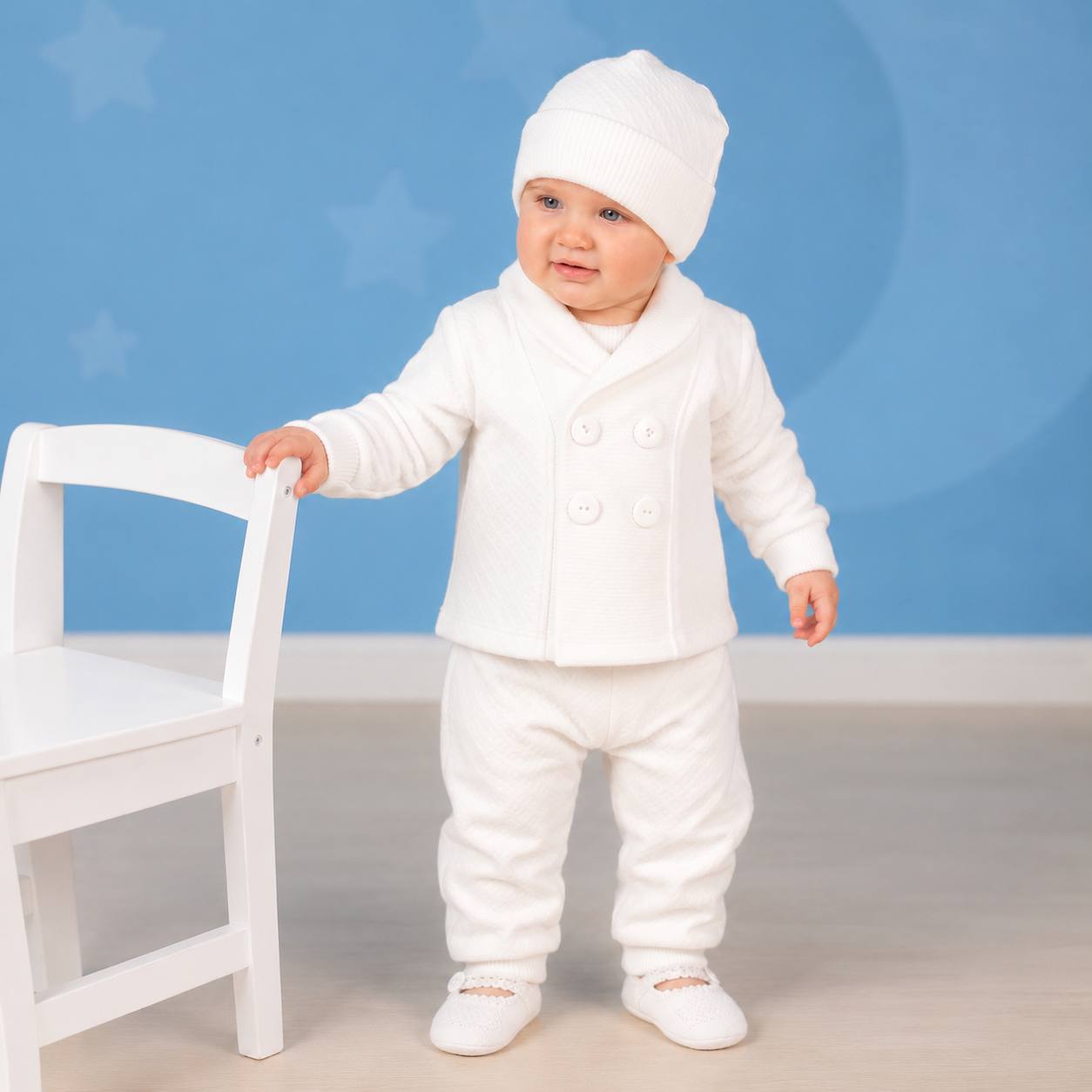 Elegant 3-piece baby boy outfit for baptism and ceremonies featuring a stylish formal design for special occasions.