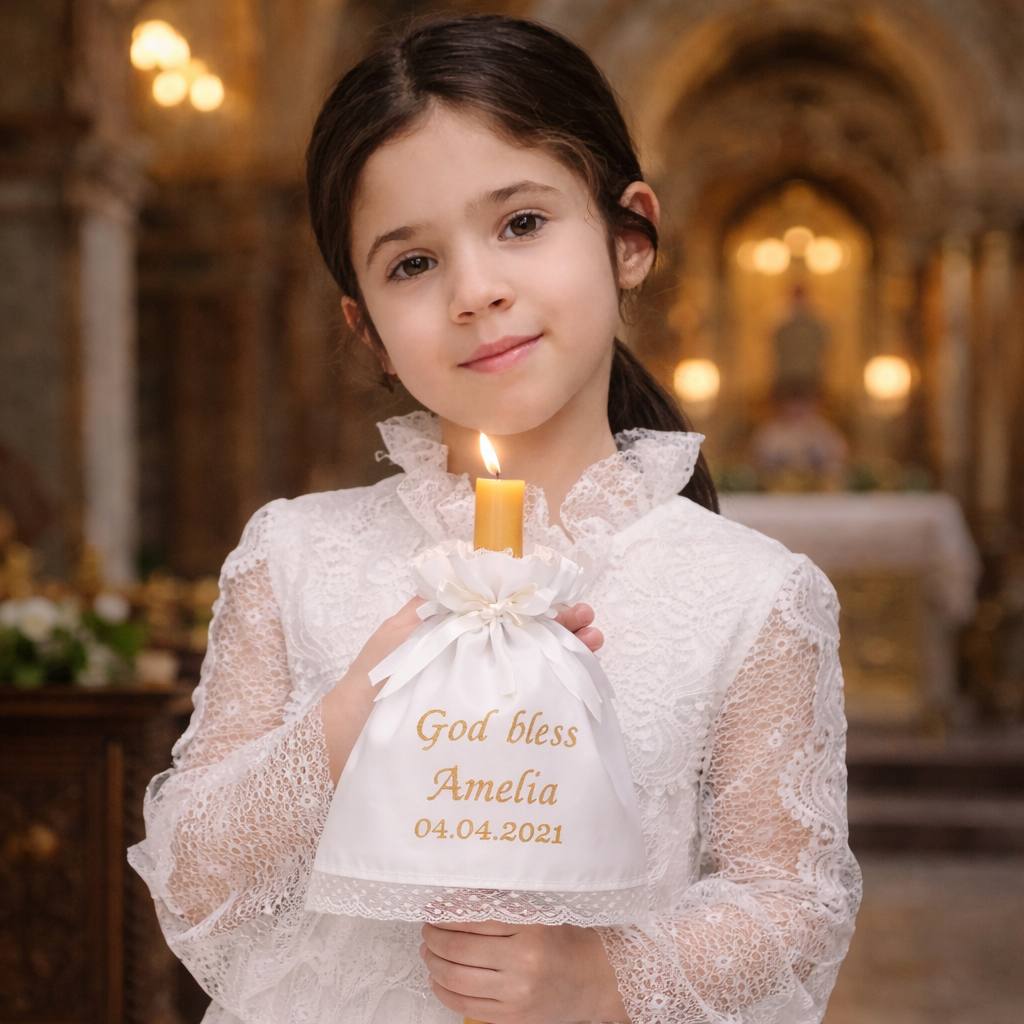 Personalized First Communion Candle Wrap “God Bless” with Name & Date