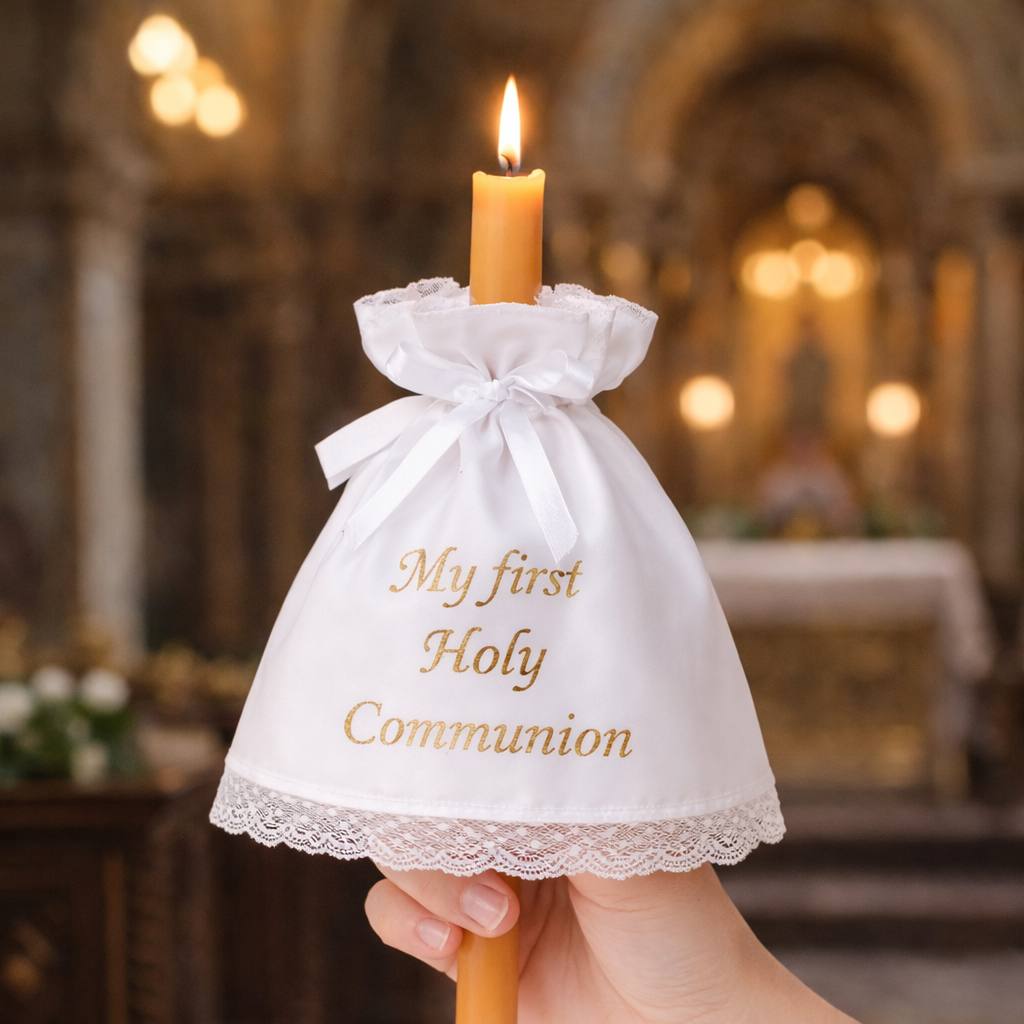 Candle in a decorative holder with 'My first Holy Communion' text, held in front of a blurred church interior.