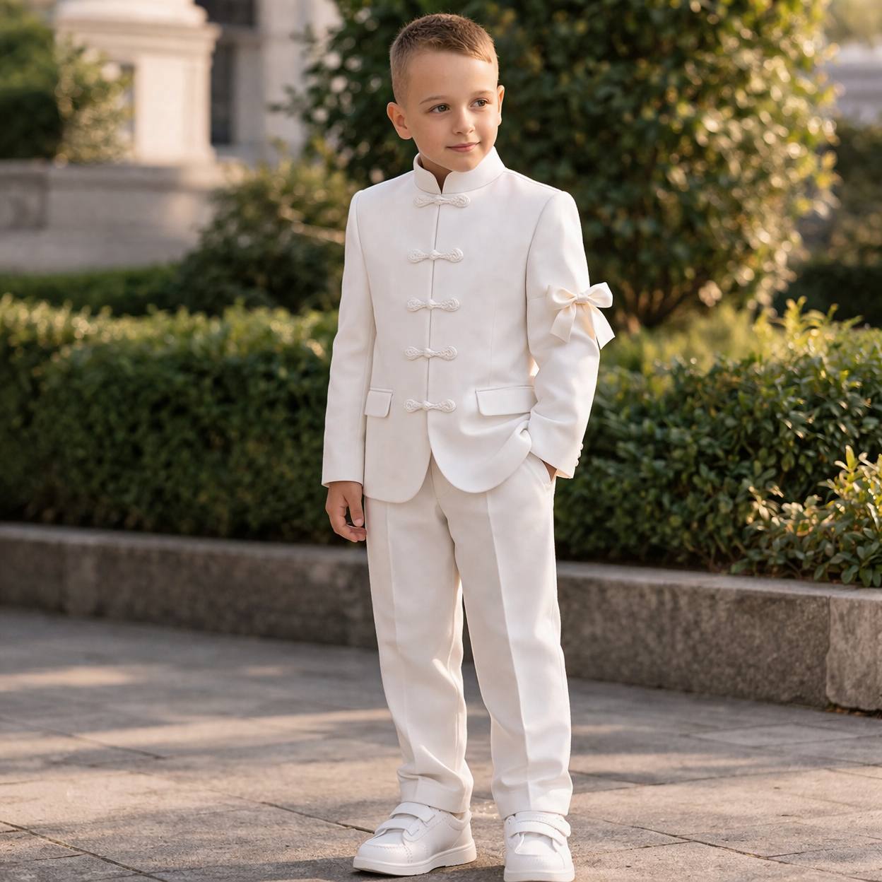 Young boy in a formal white suit standing outdoors with greenery in the background