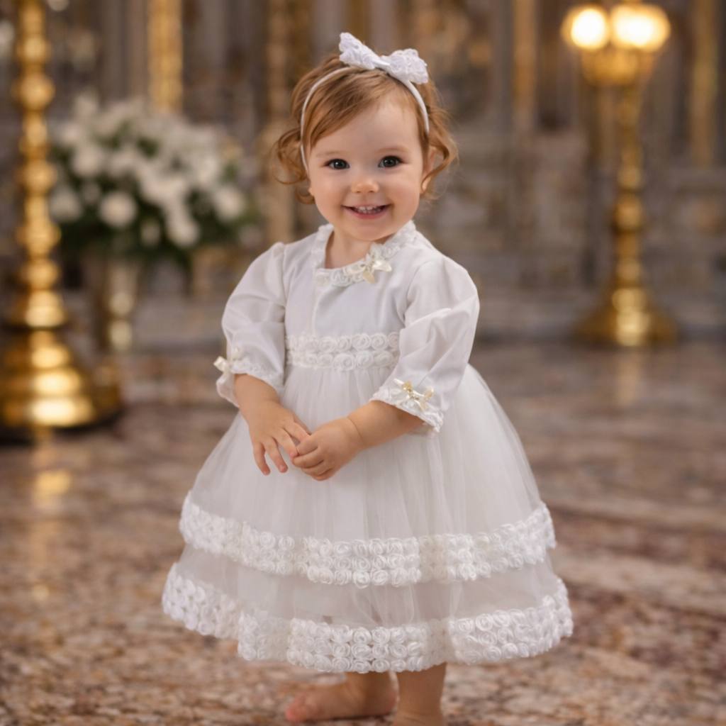 Child in a white dress with lace details standing in an elegant indoor setting.