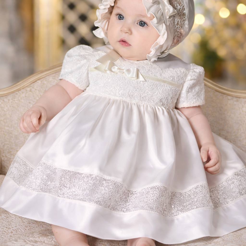 Baby in a white dress with decorative trim and bonnet, sitting on a textured surface.