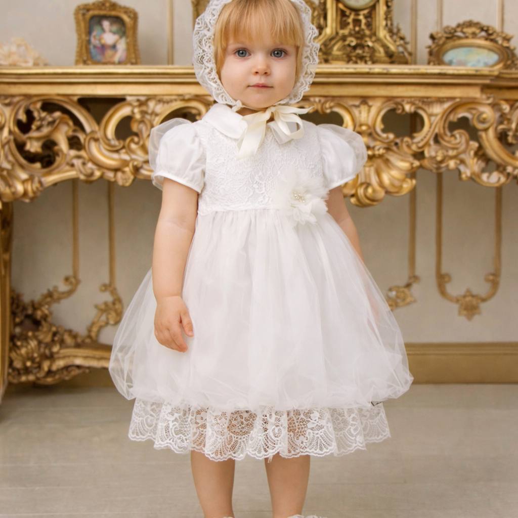 Sophie Bubble Baptism Dress for a Girl – Ivory Merletti Lace Christening Dress 9-12 months / Ivory