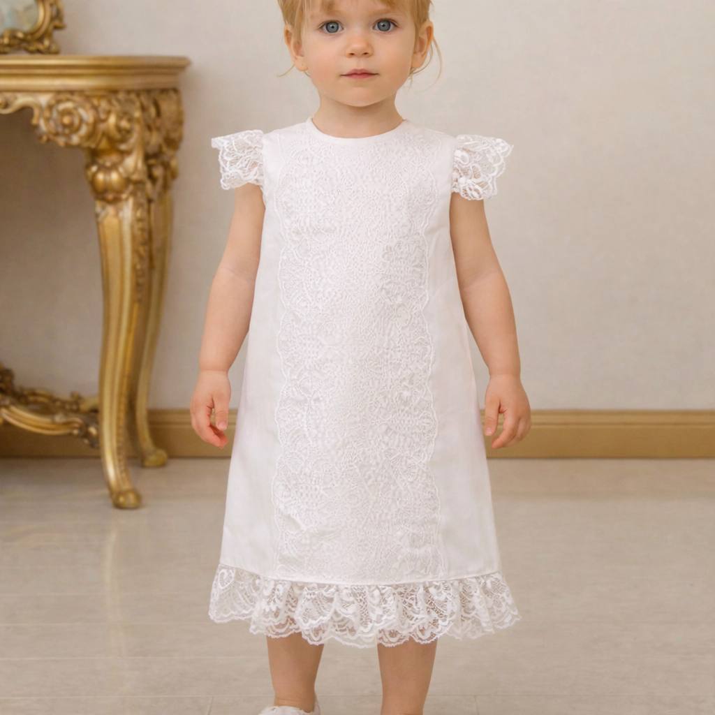 Young girl wearing a white lace dress standing in a room with decorative elements.