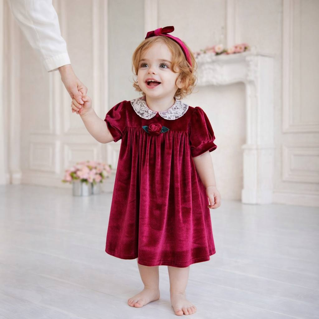 fitted lace wedding dress ELSA Red Velvet Baby Girl Dress with Lace Collar – Holiday Outfit