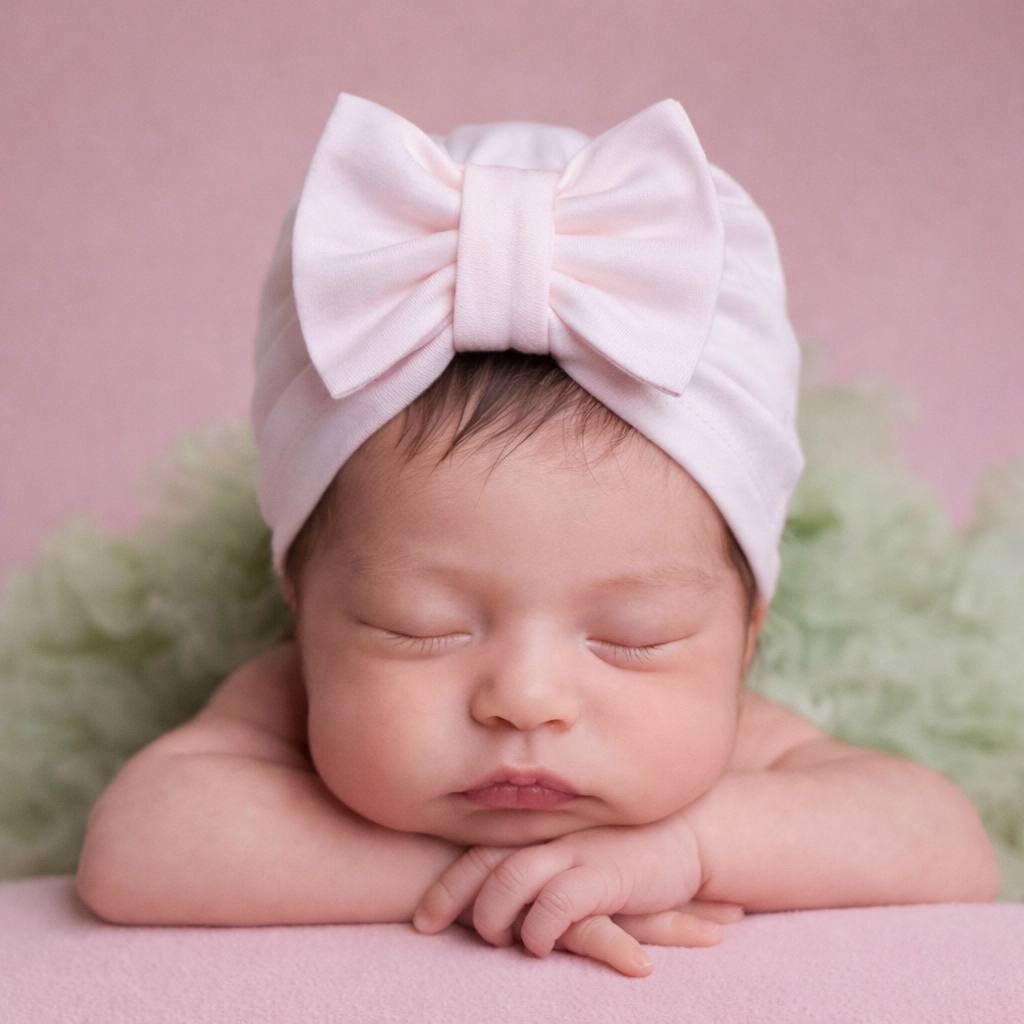 Newborn baby wearing a pink bow beanie against a pink background