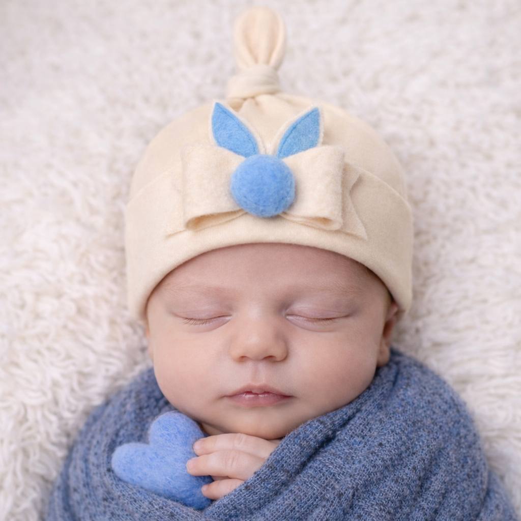 Newborn baby wearing a cream hat with blue bunny ears and a blue blanket, lying on a white fluffy surface.
