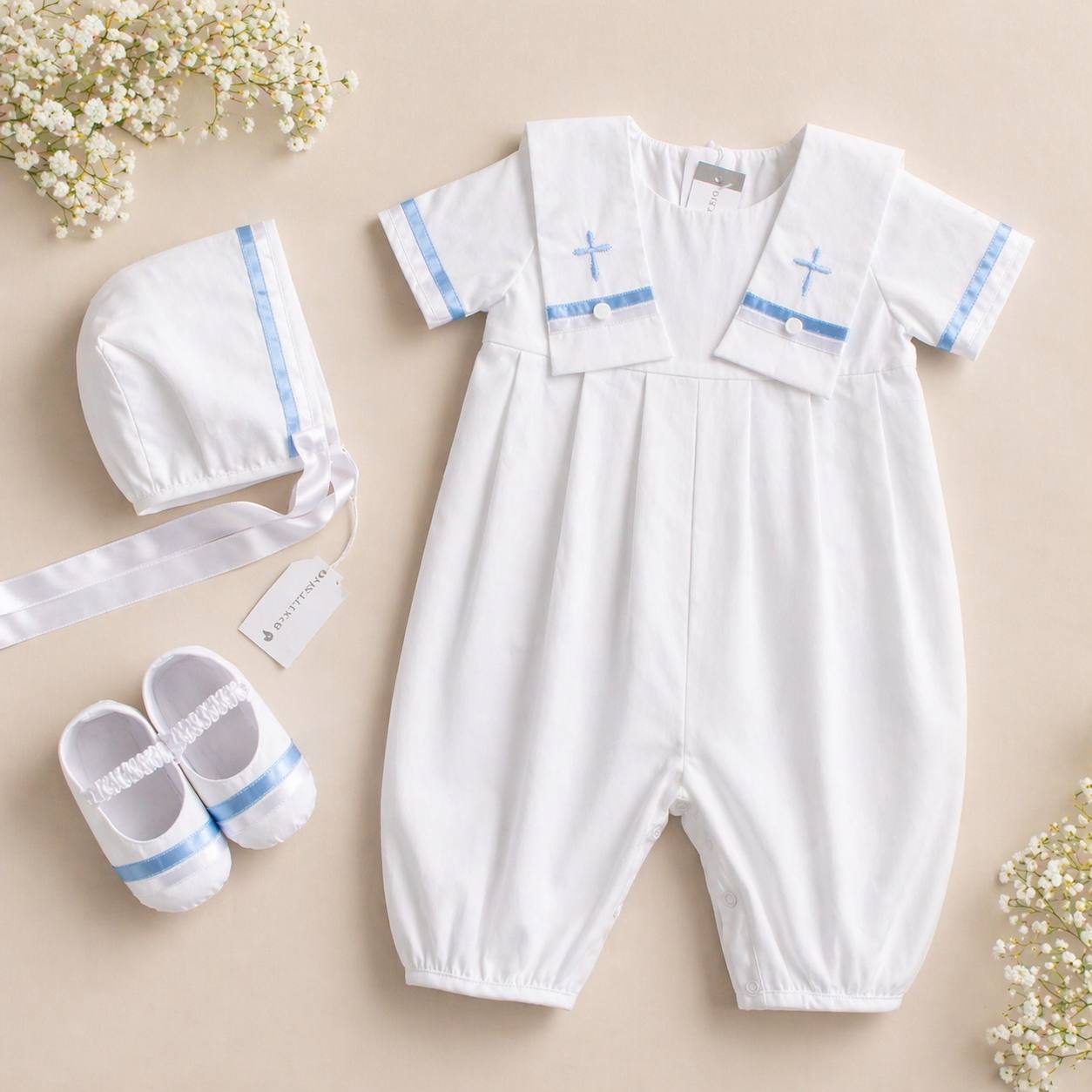 MARC Boy Baptism Outfit Set – Satin Christening Romper with Hat & Booties
