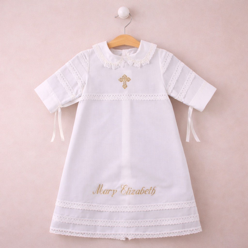 Personalized CHRISTENING Gown with Hat with gold embroidery on a pink background