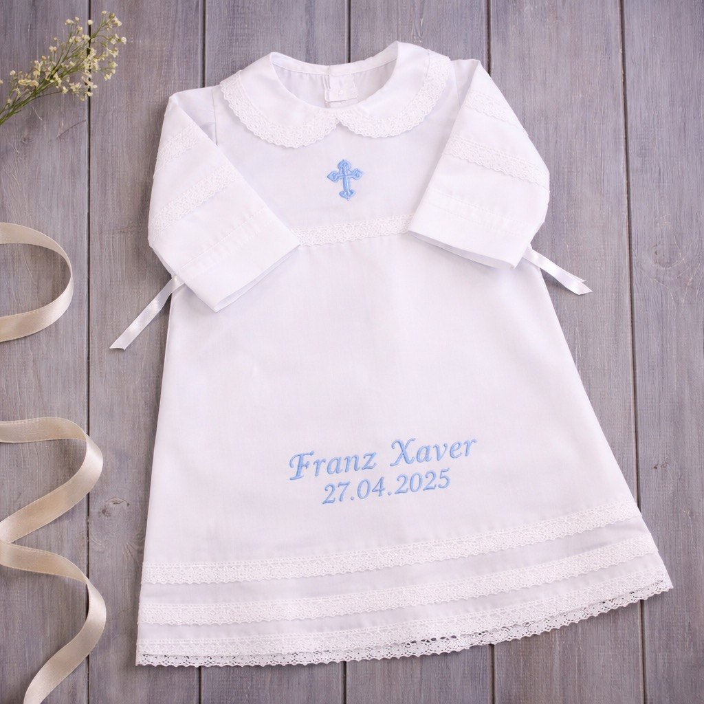 Personalized CHRISTENING Gown with Hat with blue embroidery on a wooden surface