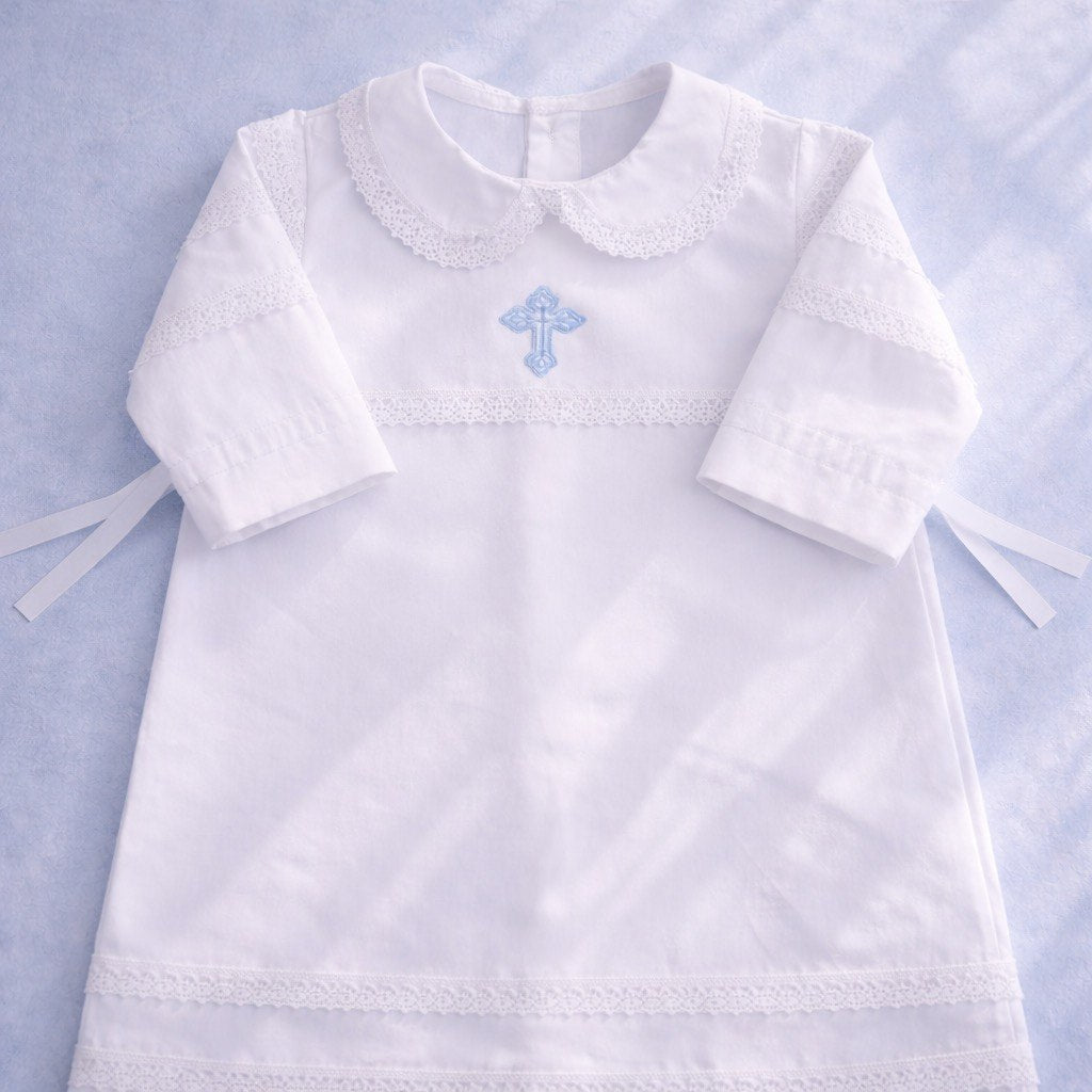 Personalized CHRISTENING Gown with Hat with a blue cross on a light purple background