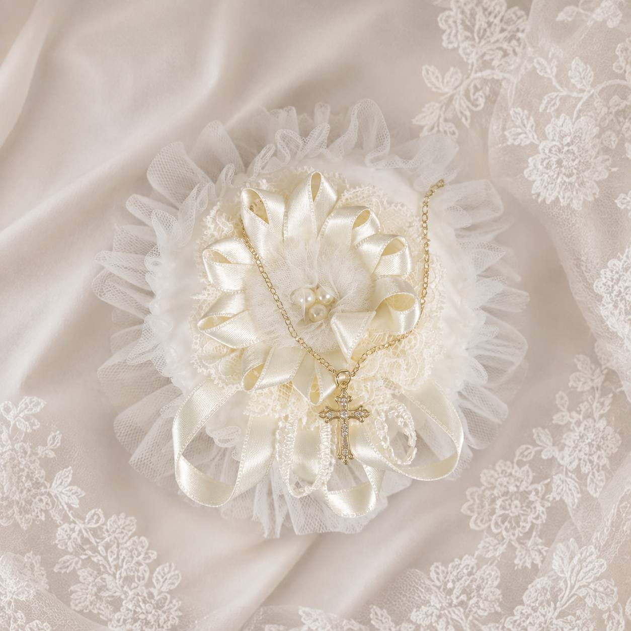 A delicate gold cross pendant necklace with a pearl accent, displayed on a white ruffled fabric stand over a soft cream satin and lace background.
