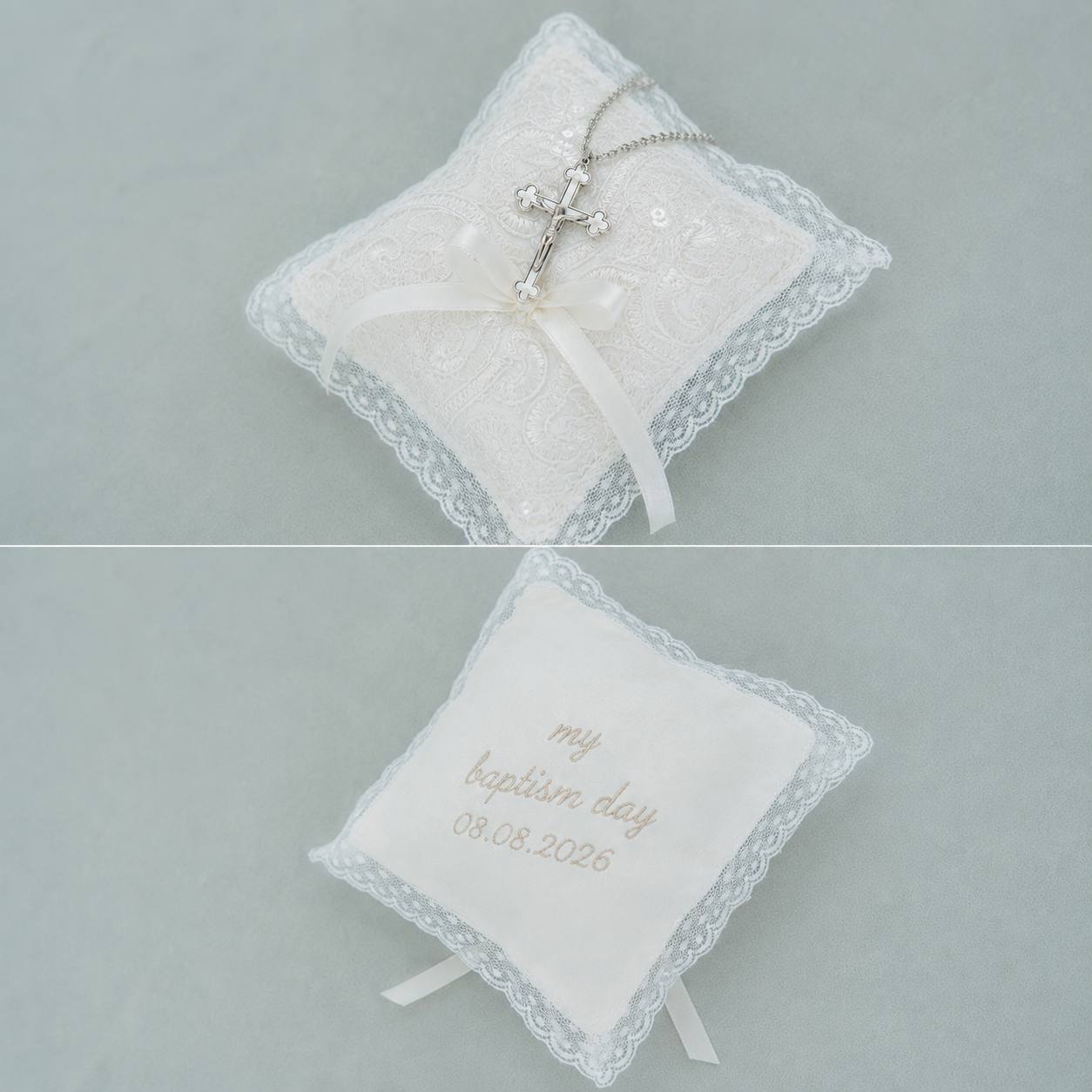 Two white embroidered baby baptism pillow with lace trim, shown in a two-panel layout. The top panel shows the pillow with a silver cross and pearl-like beads.